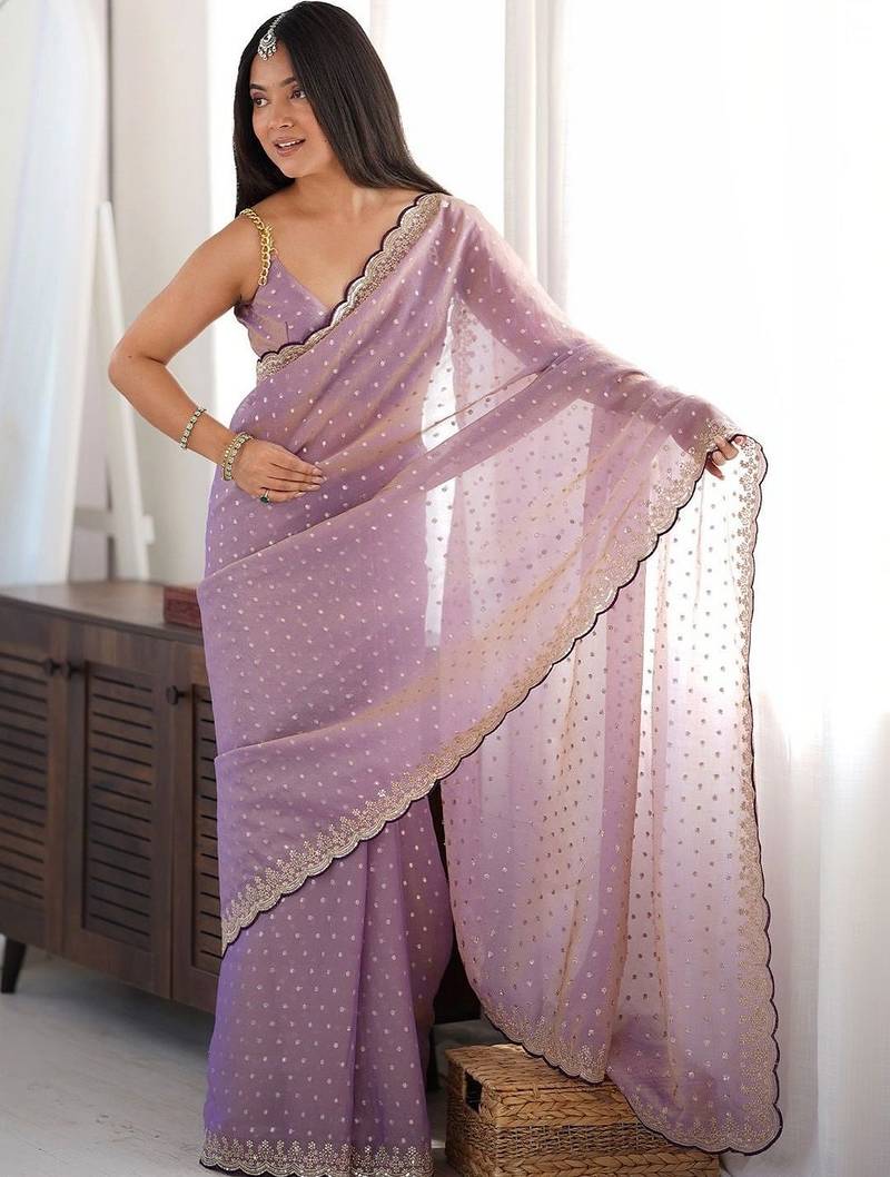 Purple embellished embroidered silk blend designer saree