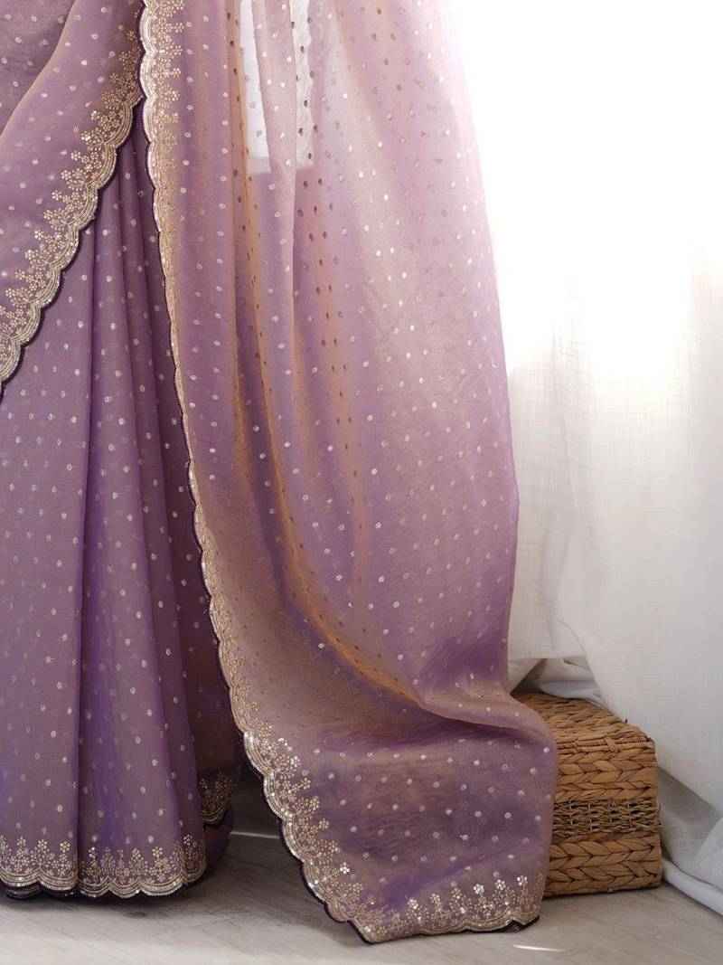 Purple embellished embroidered silk blend designer saree