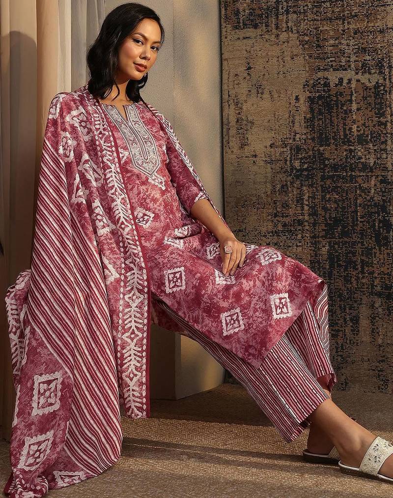 women ethnic motifs printed regular thread work kurta with palazzos & with dupatta