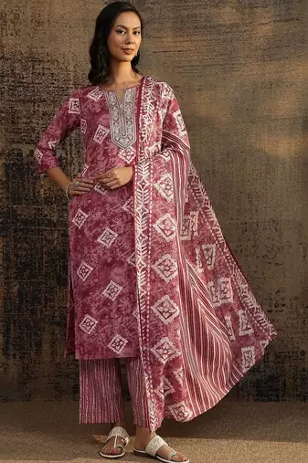 women ethnic motifs printed regular thread work kurta with palazzos & with dupatta
