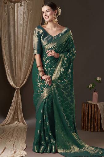 Green woven design ethnic motifs zari  georgette kanjeevaram saree
