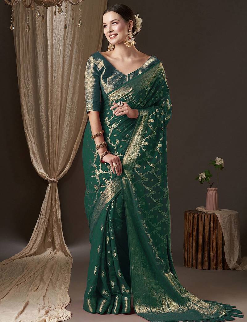Green woven design ethnic motifs zari  georgette kanjeevaram saree