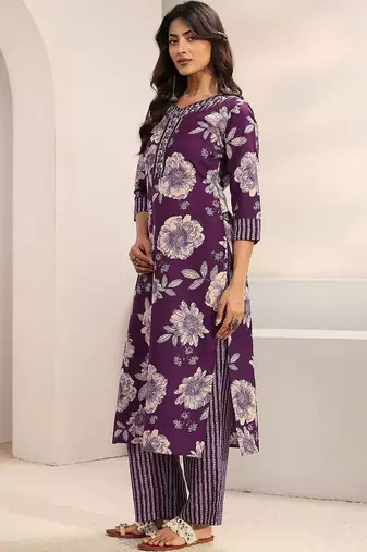 women floral printed regular thread work kurta with trousers & with dupatta