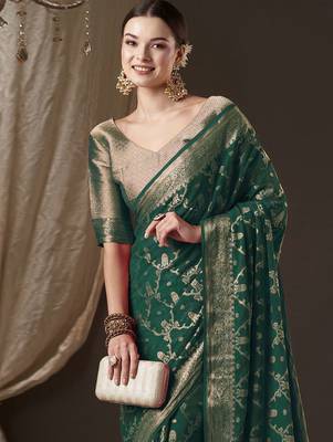 Green woven design ethnic motifs zari  georgette kanjeevaram saree 4