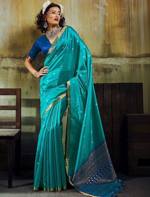 Turquoise silk blend designer banarasi saree 1