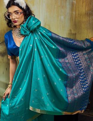 Turquoise silk blend designer banarasi saree 2