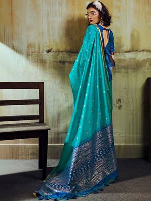 Turquoise silk blend designer banarasi saree 3