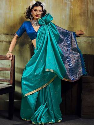 Turquoise silk blend designer banarasi saree 4