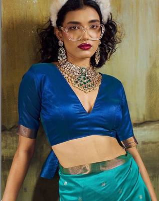 Turquoise silk blend designer banarasi saree 5