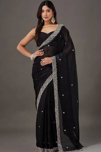 Black embellished embroidered satin designer saree