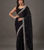 Black embellished embroidered satin designer saree