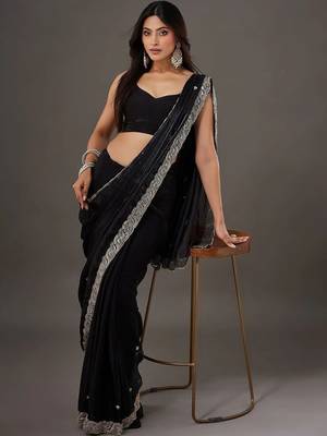 Black embellished embroidered satin designer saree 3