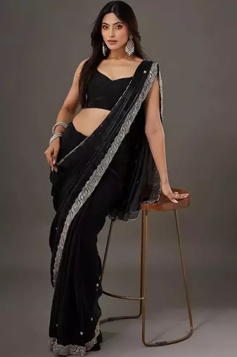 Black embellished embroidered satin designer saree