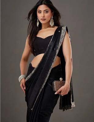 Black embellished embroidered satin designer saree 4