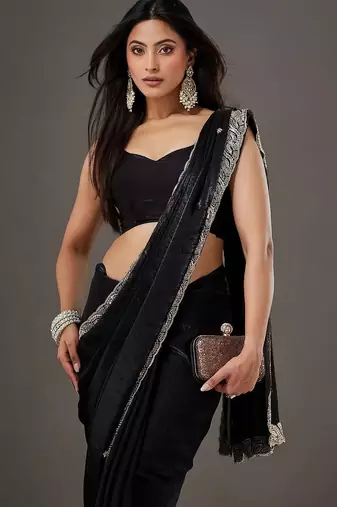 Black embellished embroidered satin designer saree