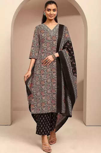 women ethnic motifs printed regular thread work kurta with trousers & with dupatta