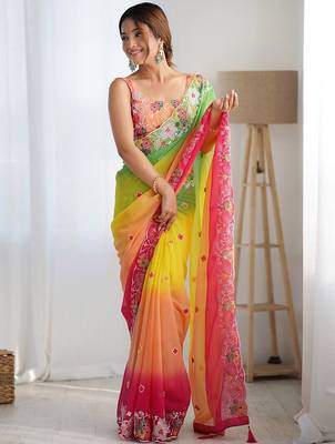 Yellow floral embroidered sequinned saree 1