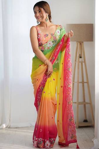Yellow floral embroidered sequinned saree