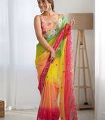 Yellow floral embroidered sequinned saree