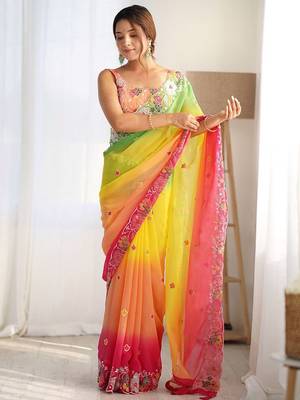 Yellow floral embroidered sequinned saree 3