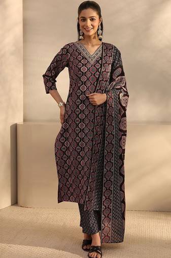 women ethnic motifs printed regular kurta with trousers & with dupatta