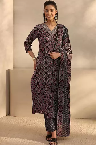 women ethnic motifs printed regular kurta with trousers & with dupatta