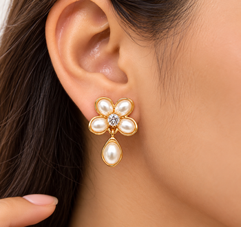 Anti-tarnish, teardrop pendant, stud back, faux pearl petals, festive wear 1