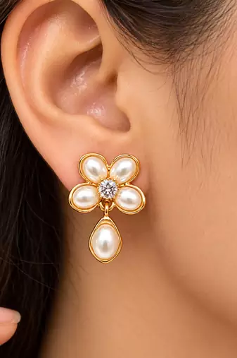 Anti-tarnish, teardrop pendant, stud back, faux pearl petals, festive wear
