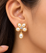 Anti-tarnish, teardrop pendant, stud back, faux pearl petals, festive wear