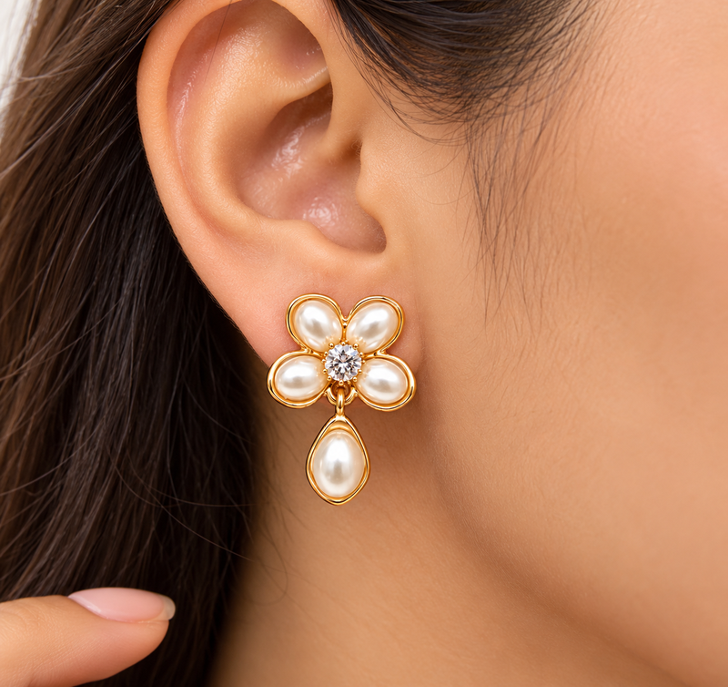 Anti-tarnish, teardrop pendant, stud back, faux pearl petals, festive wear