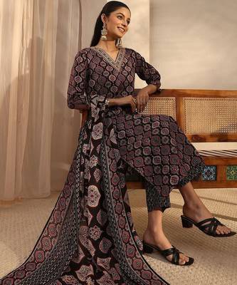 women ethnic motifs printed regular kurta with trousers & with dupatta 6