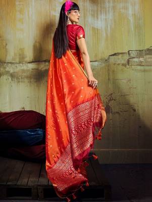 Orange silk blend designer banarasi saree 2