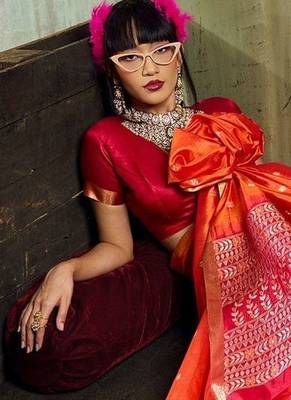 Orange silk blend designer banarasi saree 3