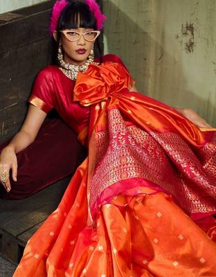 Orange silk blend designer banarasi saree 4
