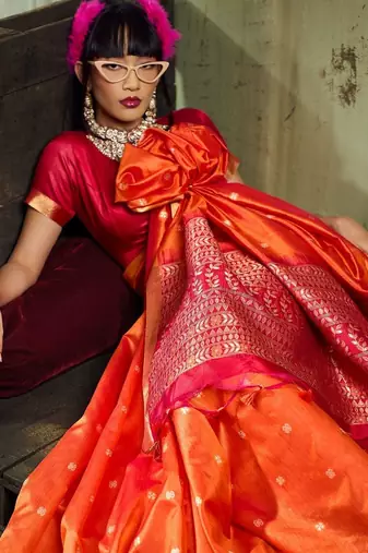 Orange silk blend designer banarasi saree