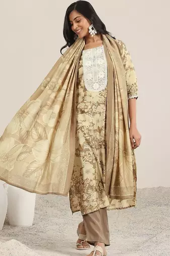 women floral printed regular chikankari kurta with trousers & with dupatta