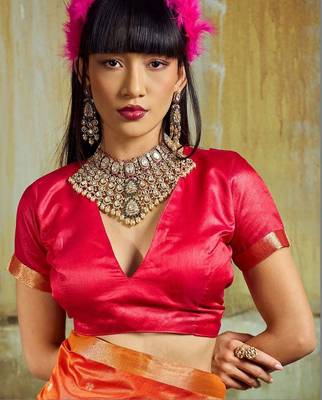 Orange silk blend designer banarasi saree 5