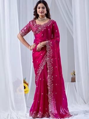 Magenta floral zari silk blend designer saree 1
