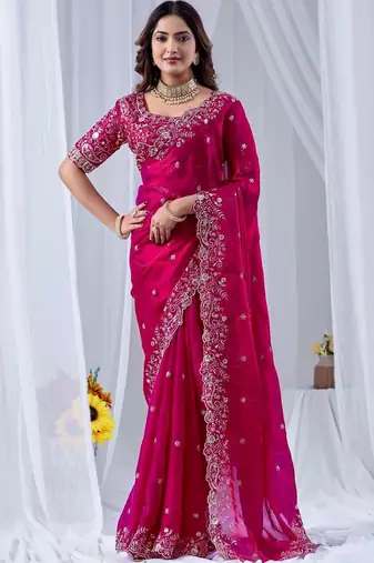 Magenta floral zari silk blend designer saree