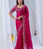 Magenta floral zari silk blend designer saree