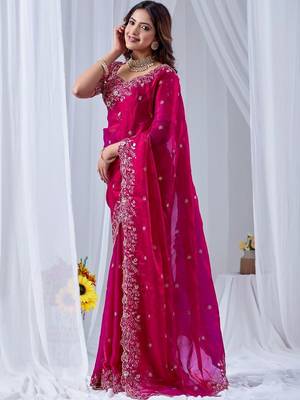 Magenta floral zari silk blend designer saree 2