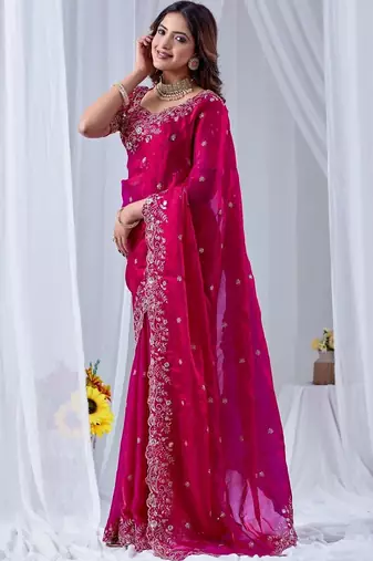 Magenta floral zari silk blend designer saree