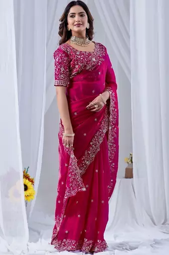Magenta floral zari silk blend designer saree