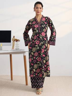 libas black floral print straight kurta set 1