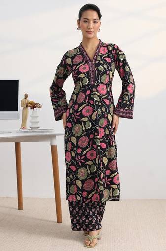 libas black floral print straight kurta set