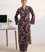 libas black floral print straight kurta set