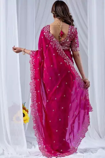 Magenta floral zari silk blend designer saree