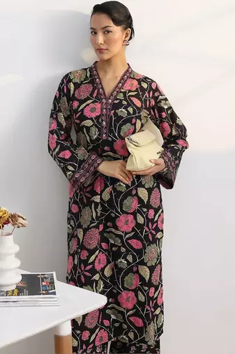 libas black floral print straight kurta set