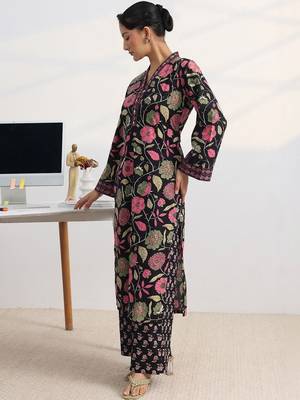 libas black floral print straight kurta set 3