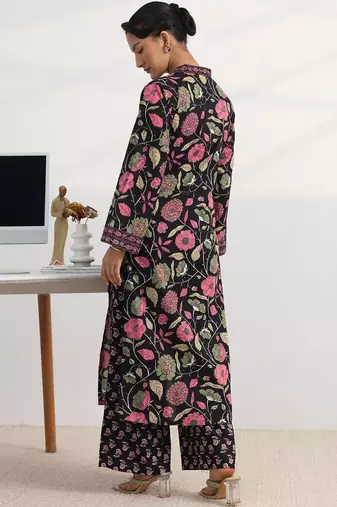 libas black floral print straight kurta set